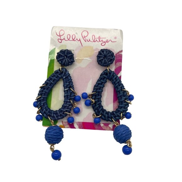 Lilly Pulitzer Alba Blue Raffia Drop Dangle Earrings Bead Accents Baubles NEW - Picture 1 of 4